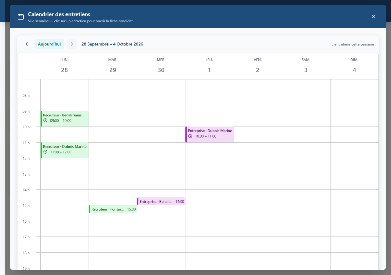 Calendrier hebdomadaire SolcyBL avec des entretiens recruteur en vert et des rendez-vous entreprise en violet, répartis sur la semaine pour plusieurs candidats