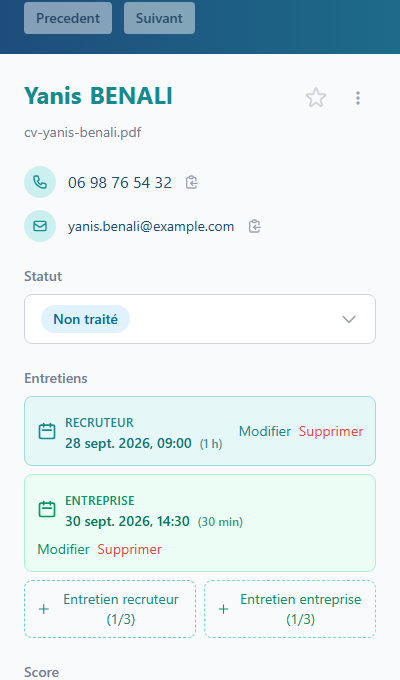 Fiche d'un candidat ouverte depuis le calendrier, avec un entretien recruteur et un rendez-vous entreprise programmés, chacun modifiable ou supprimable