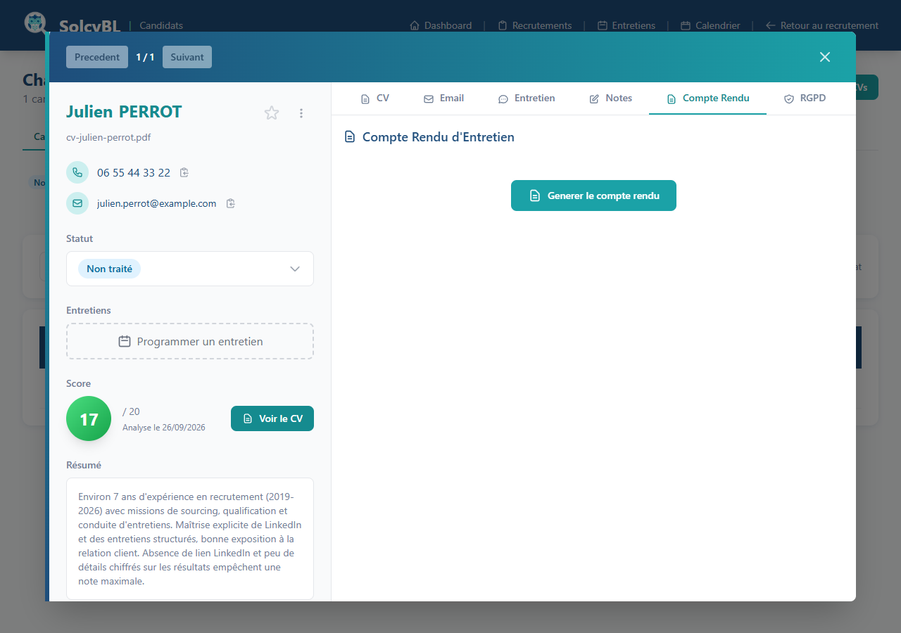 Onglet Compte Rendu de SolcyBL avant génération, avec le bouton Générer le compte rendu