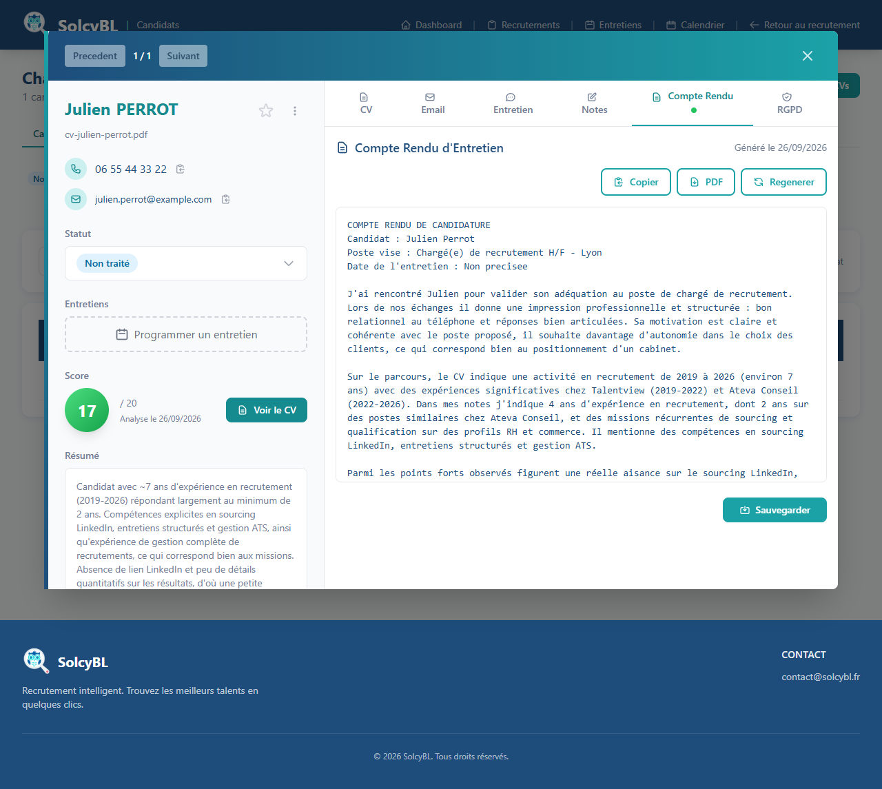Compte-rendu d'entretien généré sur SolcyBL, avec les boutons Copier, PDF et Régénérer