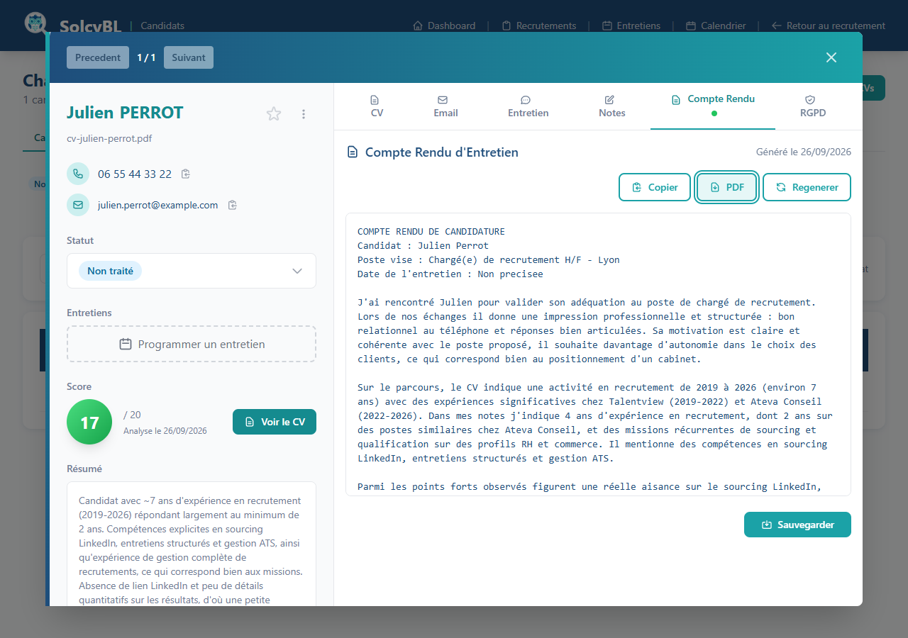 Bouton PDF de l'onglet Compte Rendu SolcyBL, déclenchant le téléchargement du compte-rendu au format PDF