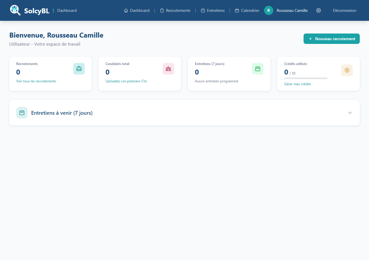 Tableau de bord SolcyBL juste après la création du compte, avec les compteurs recrutements, candidats et entretiens à zéro