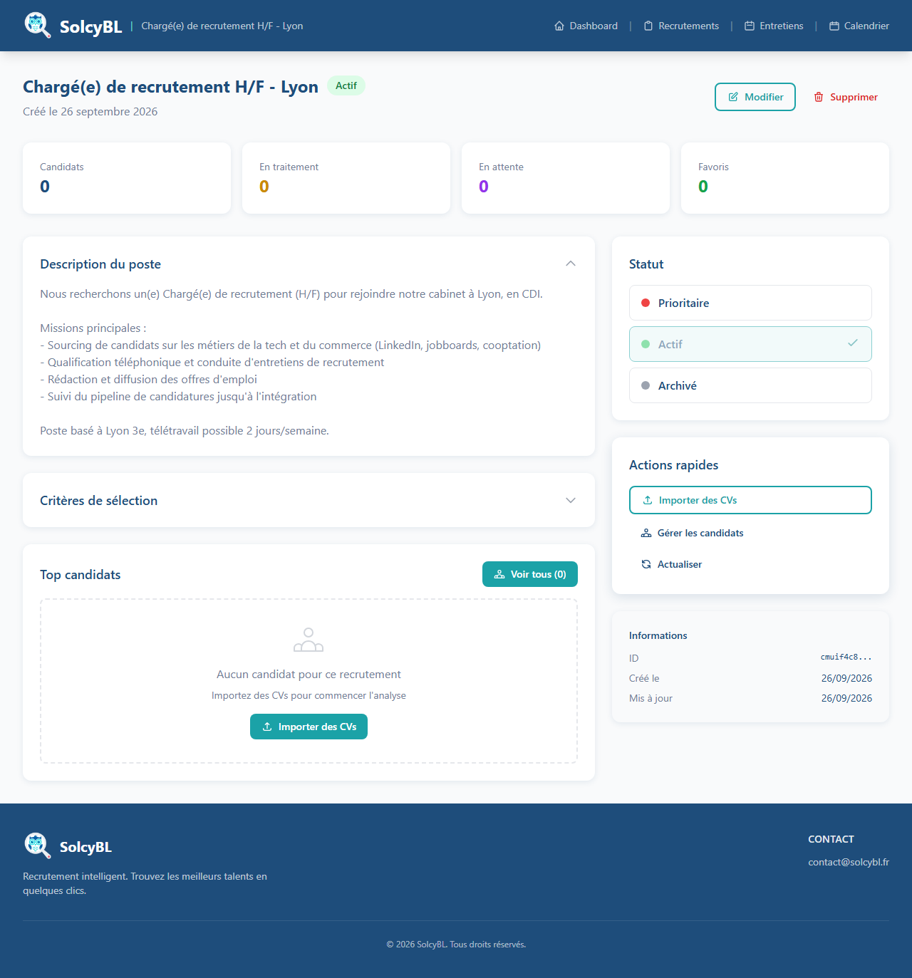 Fiche d'un recrutement créé sur SolcyBL, avec sa description, ses critères de sélection et le bouton Importer des CVs