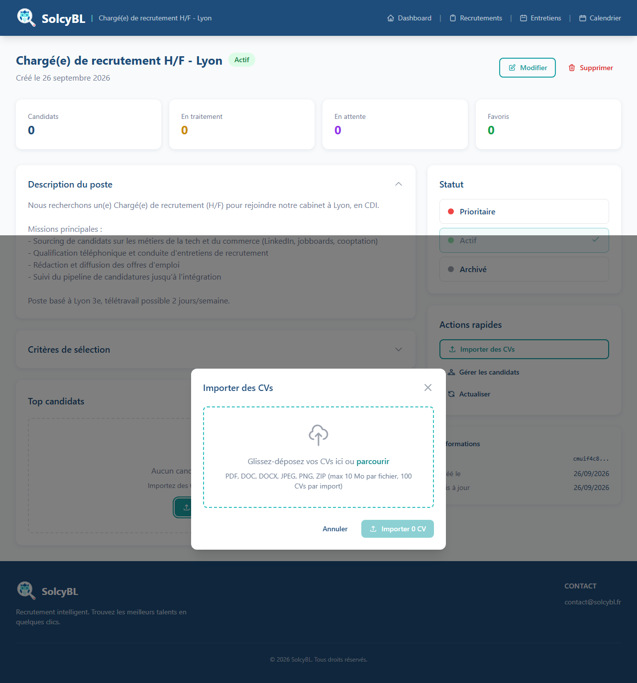 Fenêtre d'import de CV sur SolcyBL avec zone de glisser-déposer, formats acceptés PDF DOC DOCX JPEG PNG ZIP
