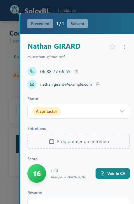 Fiche candidat SolcyBL avec le statut passé à À contacter
