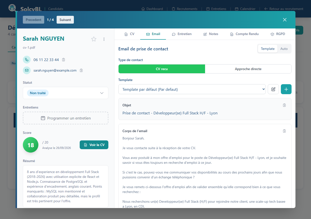 Onglet Email de la fiche candidat SolcyBL avec un brouillon de prise de contact pré-rédigé