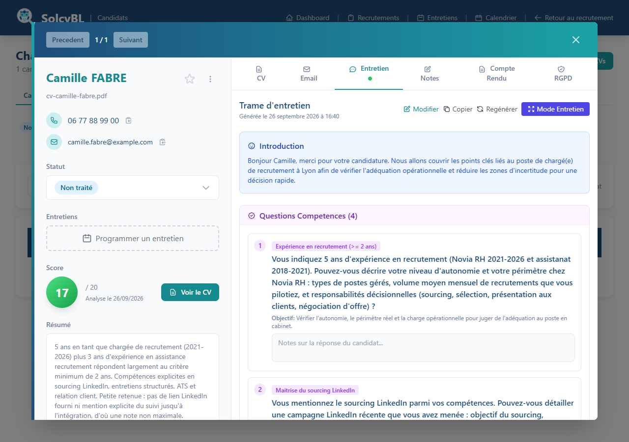 Trame d'entretien générée sur SolcyBL : introduction et première catégorie Questions Compétences avec 4 questions